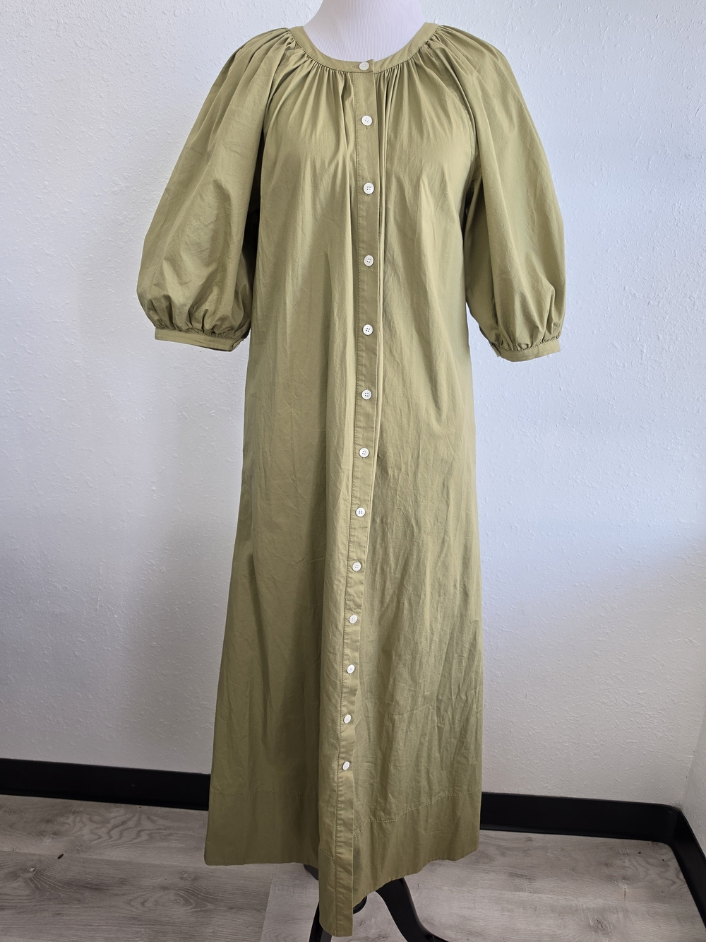 STAUD Vincent Dress Size S Olive Green Cotton Poplin Puff Sleeve Midi Maxi